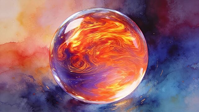 Transparent glass sphere with colorful light refraction on abstract watercolor background