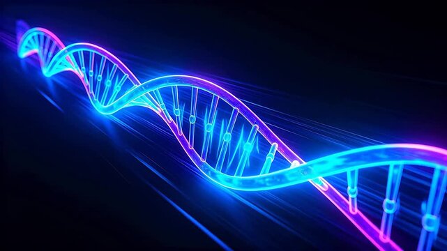 Colorful neon DNA double helix structure glowing on a dark background