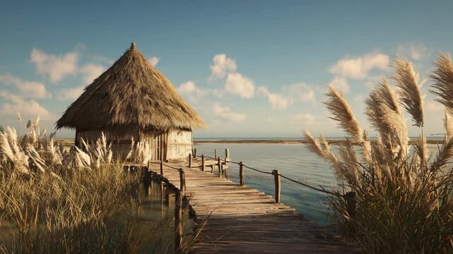 Thatched hut on a wooden pier over water