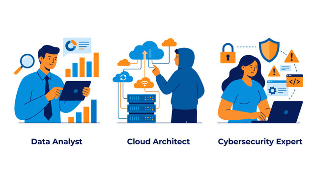 This image showcases three tech professionals engaging in data analysis, cloud architecture, and cybersecurity, highlighting the diverse roles in modern technology industries.