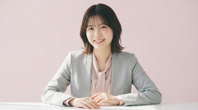 Smiling Japanese call center agent with a headset against pink background