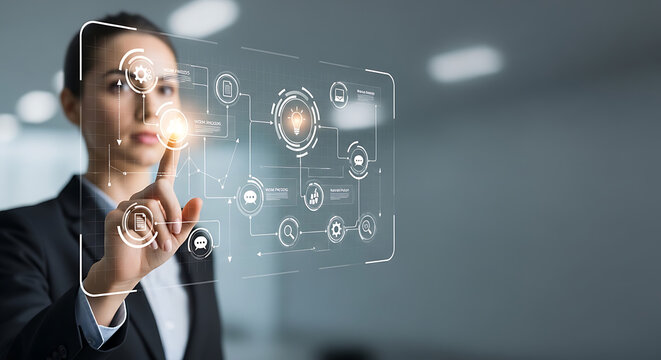 Professional businesswoman hand pointing at digital workflow automation chart showing corporate work process icons and strategic data symbols with empty copy space for text
