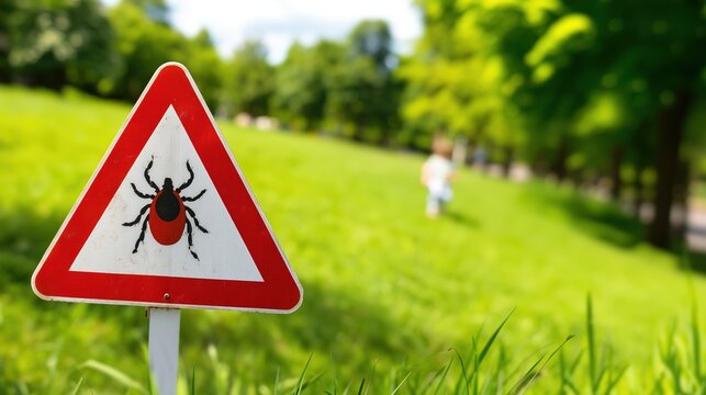 Triangular warning sign with black tick icon on post in park with blurred child playing on green grass background.
