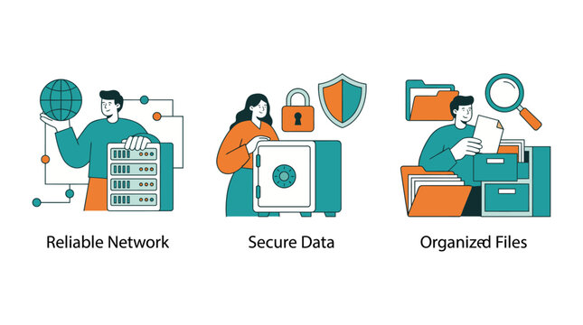 This professional illustration represents reliable networks, secure data storage, and organized files, reflecting the importance of data management in a digital world.