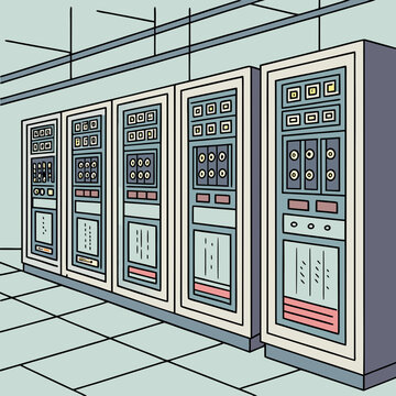 Line art illustration of retro mainframe computers in a server room with it represents vintage