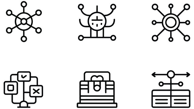 Set of interconnected abstract line art icons representing data flow network connections decision trees and finance concepts with a clean aesthetic