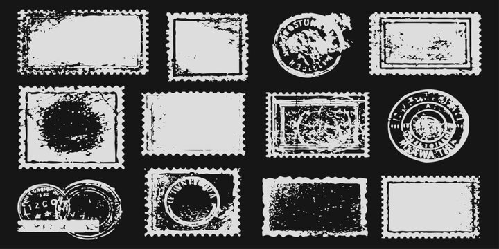 A collection of vintage postage stamps featuring a decorative vector frame and blank paper border design for a classic postal mail sticker illustration