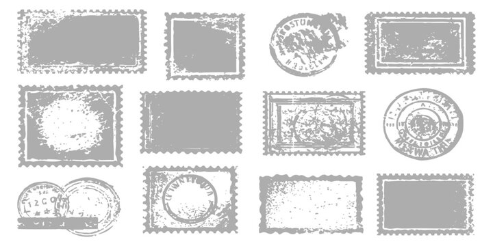 A set of vintage postage stamps with blank paper frames and square vector borders creates a decorative mail template collection for postal card design and letter label illustrations