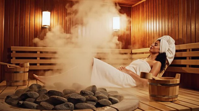 Relaksasi Sauna Kayu Premium. Seorang wanita bersantai di ruang sauna kayu dengan handuk putih, dikelilingi uap hangat, batu sauna, dan ember kayu, menampilkan suasana spa yang menenangkan untuk peraw