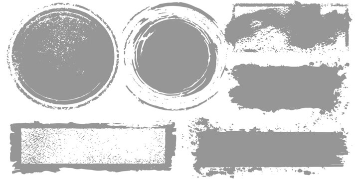 Set of black grunge rubber stamps and vintage vector frames featuring dirty ink splatters and rough paint texture brush strokes for artistic paper border design illustrations