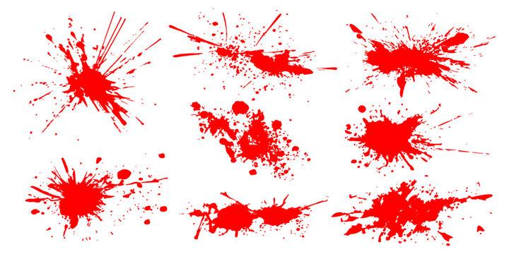 Red ink splat and paint splashes create a grunge vector texture with blood red drips and watercolor spray spots for a dirty stain art pattern design