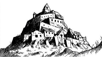 Obraz premium Medieval Castle Pen-and-Ink Style Line Art Drawing, Black Lines on White Background, Simple Historical Illustration
