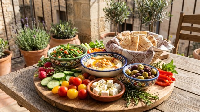 Colorful mezze board with hummus tabbouleh olives feta pita and fresh vegetables on wooden table for catering background and party spread