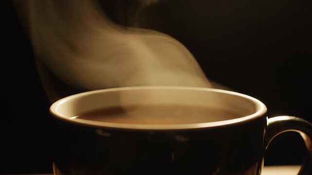 Secangkir Kopi Panas. Gambar menampilkan close-up secangkir kopi hitam panas dalam cangkir gelap dengan uap yang mengepul, menghadirkan suasana hangat dan nyaman yang cocok untuk materi promosi minuma