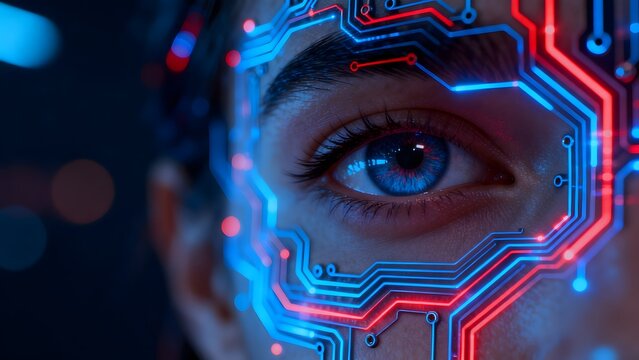 human eye with glowing circuit patterns