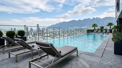 Fototapeta premium Luxury Rooftop Swimming Pool with Mountain and City View