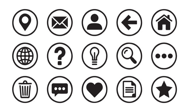 Rounded web interface icon collection with circle borders for modern mobile app navigation.