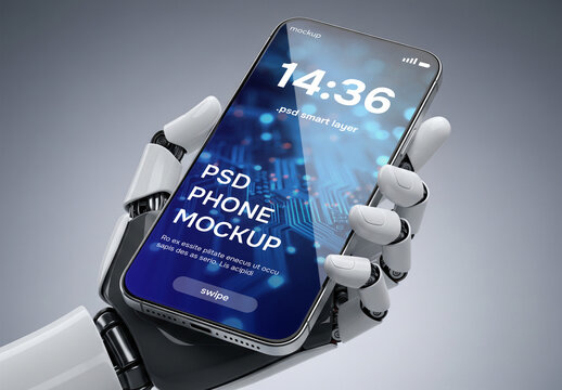 Robot hand showing a smartphone mockup