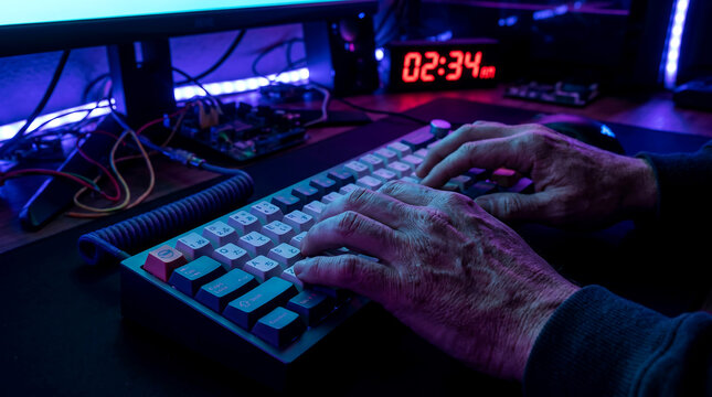 A persons hands typing on a keyboard at a computer desk with a digital clock