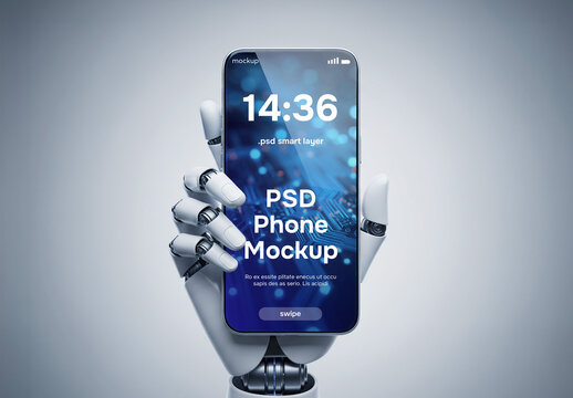 Robot hand showing a smartphone mockup