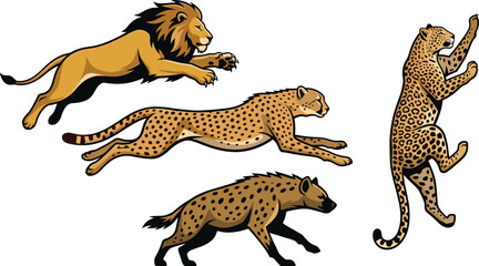 Realistic Style African Predator Set with Leaping Lion, Running Cheetah, Climbing Leopard, and Hyena for Wildlife Designs © Mustak