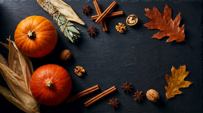 Autumnal arrangement with pumpkins, leaves, nuts, and spices on a dark slate background