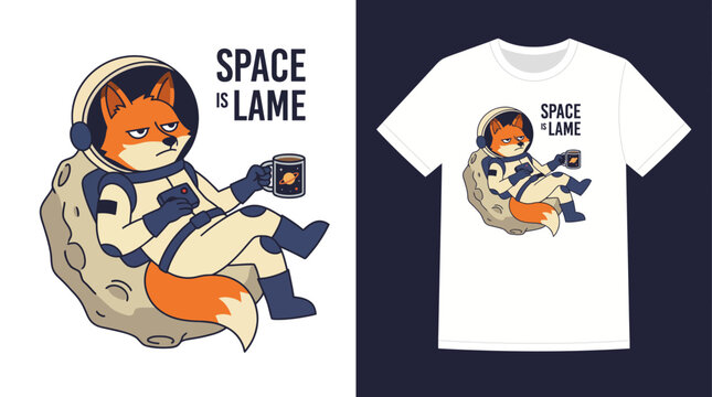 This playful illustration features a fox in a spacesuit, lounging on a moon-like surface, drinking coffee while humorously expressing boredom with space travel.