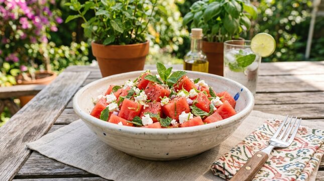 Fresh watermelon salad with feta mint and lime served in bowl on rustic wooden table for summer recipe and picnic background