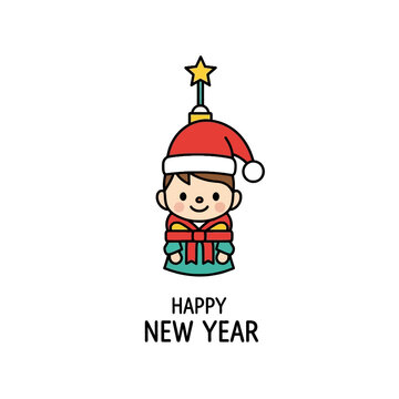 Cartoon boy wearing Santa hat smiling.