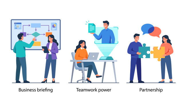 This image explores various aspects of teamwork, featuring collaborative environments and professional interactions in a modern business context.