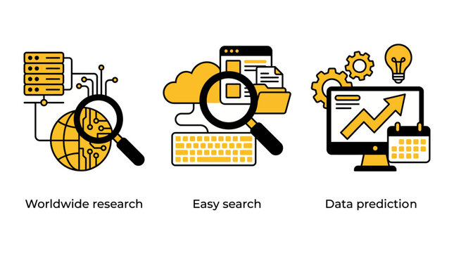 Illustration of data research concepts like worldwide research, easy search, and data prediction indicating the importance of information in our digital age and modern technology.