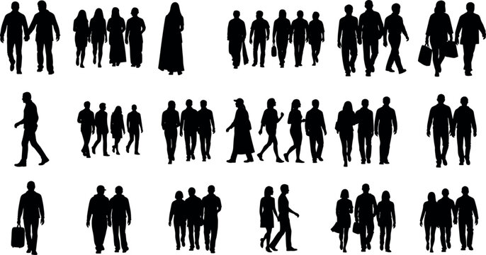 Silhouettes of individuals, pairs, and groups walking with bags, highlighting diverse urban lifestyle rhythm, pedestrian motion, and human gesture illustration.