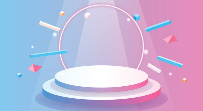 3D podium stage for product presentation with geometric shapes and neon ring light on blue and pink gradient studio background