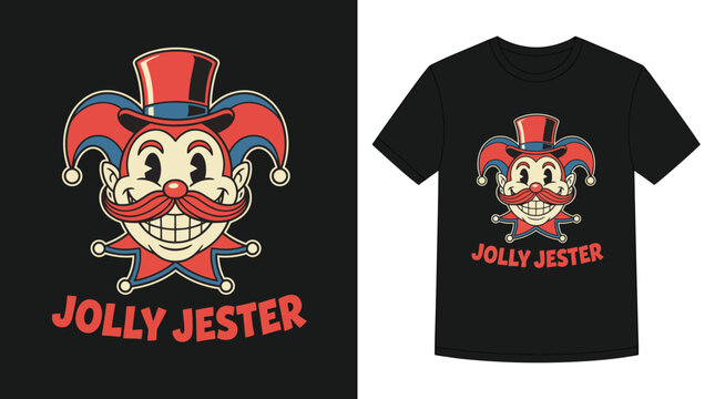 This retro-inspired graphic features a cheerful jester character wearing a hat, representing fun and laughter, perfect for a quirky T-shirt design.