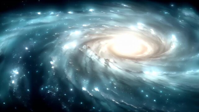 Space universe exploration, fantasy, mysterious. A vivid depiction of a spiral galaxy, captured in a digital art style. The galaxy is depicted with swirling patterns of light and shadow.
