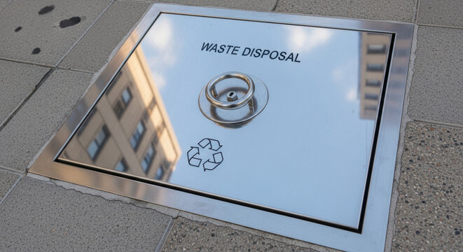Waste disposal unit with reflective metal cover integrated into smart city infrastructure promoting cleanliness and efficient waste management