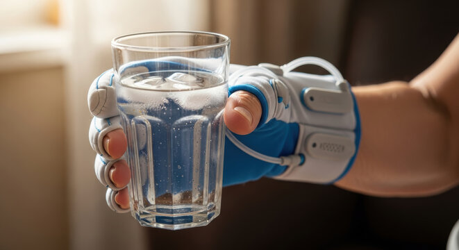 Senior person wearing robotic support glove holds glass of water showing advanced technology aiding daily life with comfort and ease