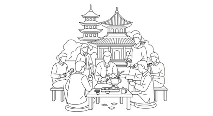 Obraz premium Group of friends sitting around a table drinking tea.