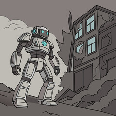 Powerful humanoid sentinel robot standing guard in a destroyed post-apocalyptic urban setting