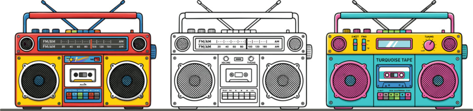 Retro Boombox Radio Vector Set Featuring Colorful Vintage Ghetto Blasters and a Line Art Outline Version for Eighties and Nineties Music Party Graphics
