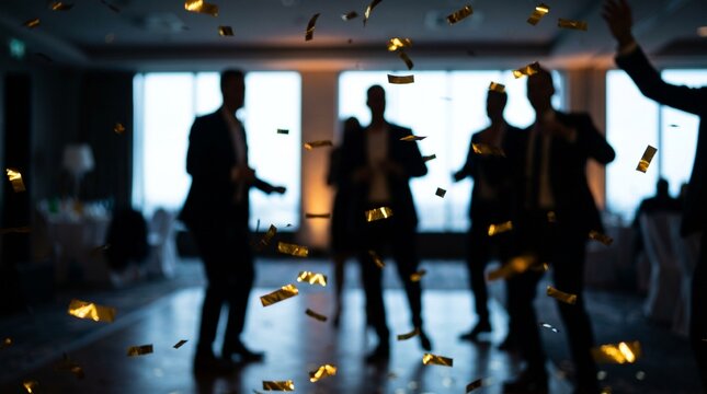 Silhouettes of business people dancing and celebrating at a corporate party. Colleagues having fun under falling golden confetti. Business success and holiday event concept.