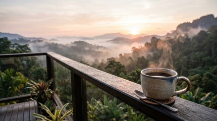 Naklejka premium Steaming cup of coffee on a wooden balcony overlooking misty jungle sunrise for relaxing background and wallpaper design
