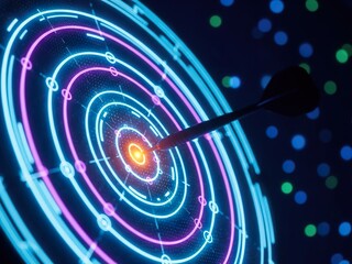 Fototapeta premium A dart hitting the bullseye of a futuristic neon target in the dark