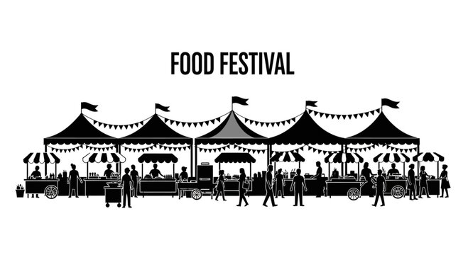 Black and white illustration of a bustling outdoor food festival with market stalls.