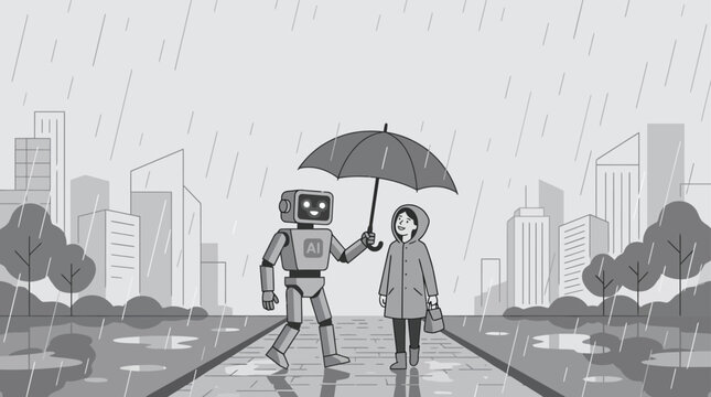 A friendly robot holding an umbrella over a young person walking in the rain.