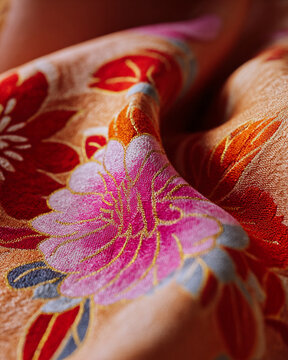 Macro close up of vibrant Japanese floral kimono silk fabric with elegant texture and warm dramatic lighting
