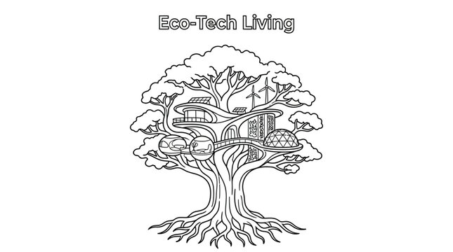 Eco-Tech Living concept illustration with tree house technology.