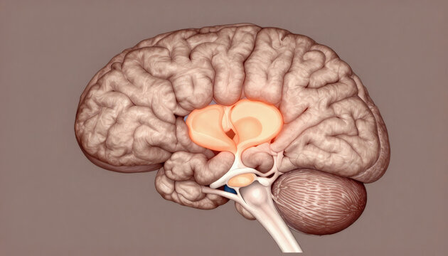 An Anatomical Cross Section Of A Human Brain Featuring A Glowing Thalamus And Limbic System Highlighted Against The Surrounding Cerebral Cortex And Cerebellum