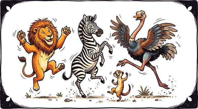 Funny Cartoon Dancing Lion, Zebra, Ostrich, and Meerkat with Decorative Border for African Safari and Kids Designs