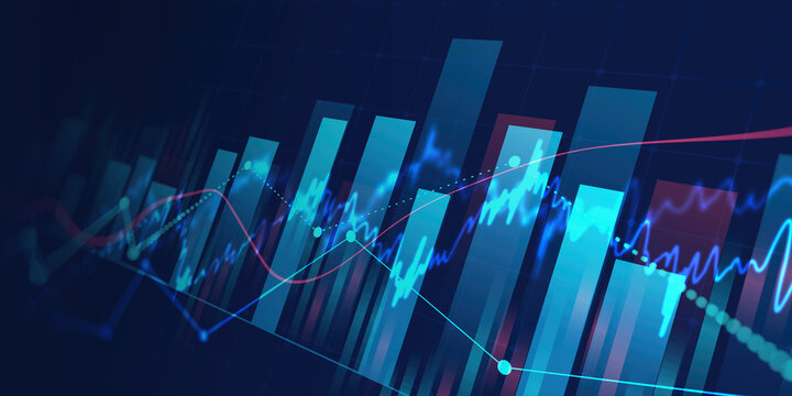 Technology financial graph with uptrend technology bar chart of stock market on blue color background